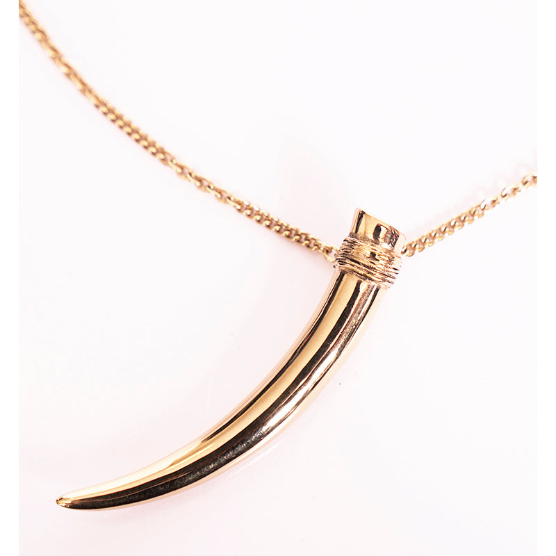 NEW $495 SAINT LAURENT Gold-Tone Brass HORN TUSK Necklace w/ YSL LOGO CHARM