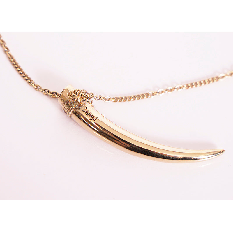 NEW $495 SAINT LAURENT Gold-Tone Brass HORN TUSK Necklace w/ YSL LOGO CHARM