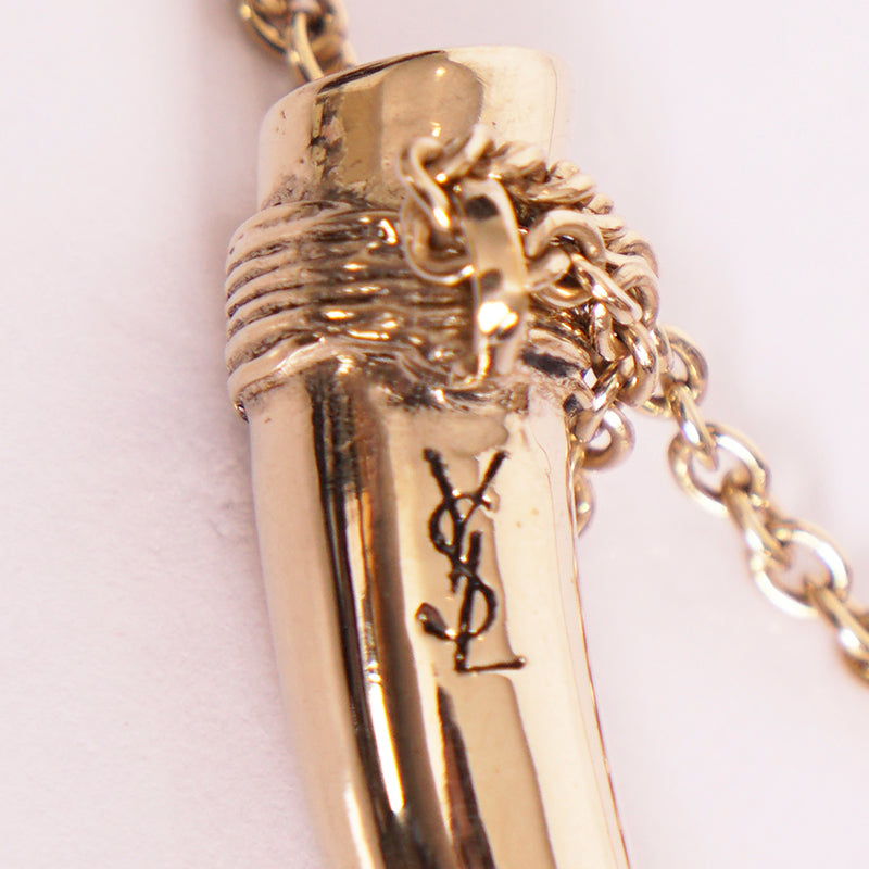 NEW $495 SAINT LAURENT Gold-Tone Brass HORN TUSK Necklace w/ YSL LOGO CHARM