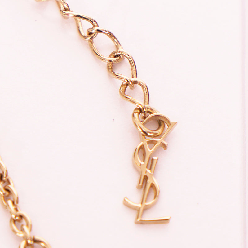 NEW $495 SAINT LAURENT Gold-Tone Brass HORN TUSK Necklace w/ YSL LOGO CHARM