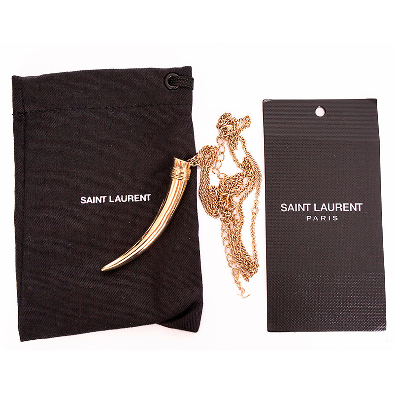NEW $495 SAINT LAURENT Gold-Tone Brass HORN TUSK Necklace w/ YSL LOGO CHARM