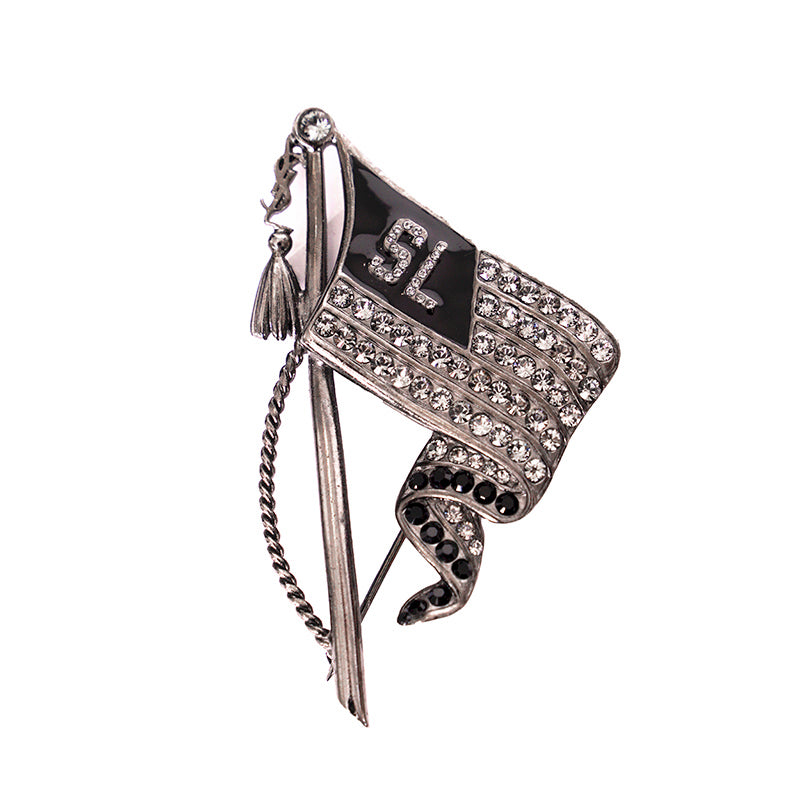 NEW $445 SAINT LAURENT Silver Tone Pave' CRYSTAL Varsity LOGO FLAG YSL BROOCH