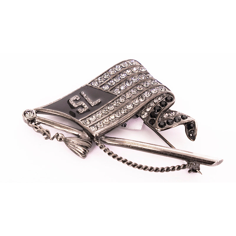 NEW $445 SAINT LAURENT Silver Tone Pave' CRYSTAL Varsity LOGO FLAG YSL BROOCH