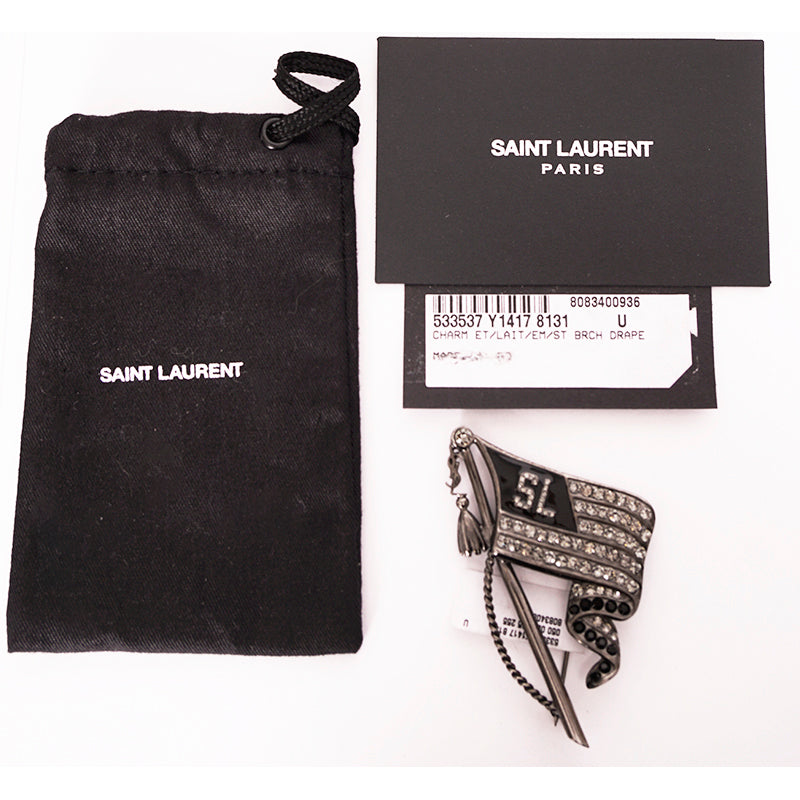 NEW $445 SAINT LAURENT Silver Tone Pave' CRYSTAL Varsity LOGO FLAG YSL BROOCH