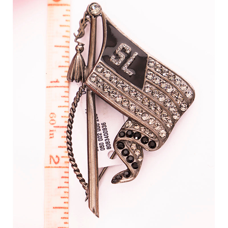 NEW $445 SAINT LAURENT Silver Tone Pave' CRYSTAL Varsity LOGO FLAG YSL BROOCH