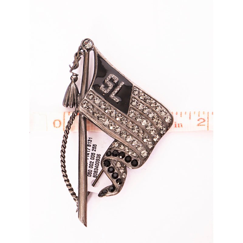 NEW $445 SAINT LAURENT Silver Tone Pave' CRYSTAL Varsity LOGO FLAG YSL BROOCH