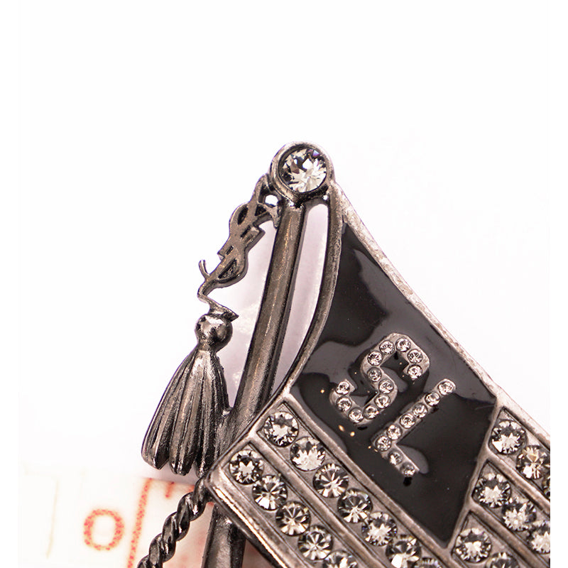 NEW $445 SAINT LAURENT Silver Tone Pave' CRYSTAL Varsity LOGO FLAG YSL BROOCH