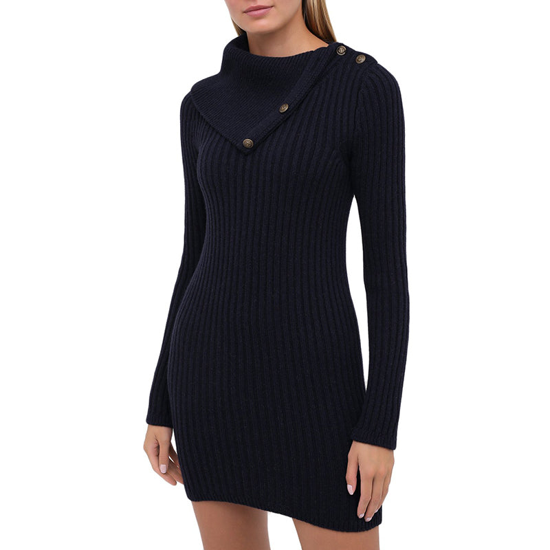 XS NEW $1,650 SAINT LAURENT Dk Blue Camel Hair Cowl Neck Rib Knit SWEATER DRESSPPER Spring PEPLUM Pencil DRESS