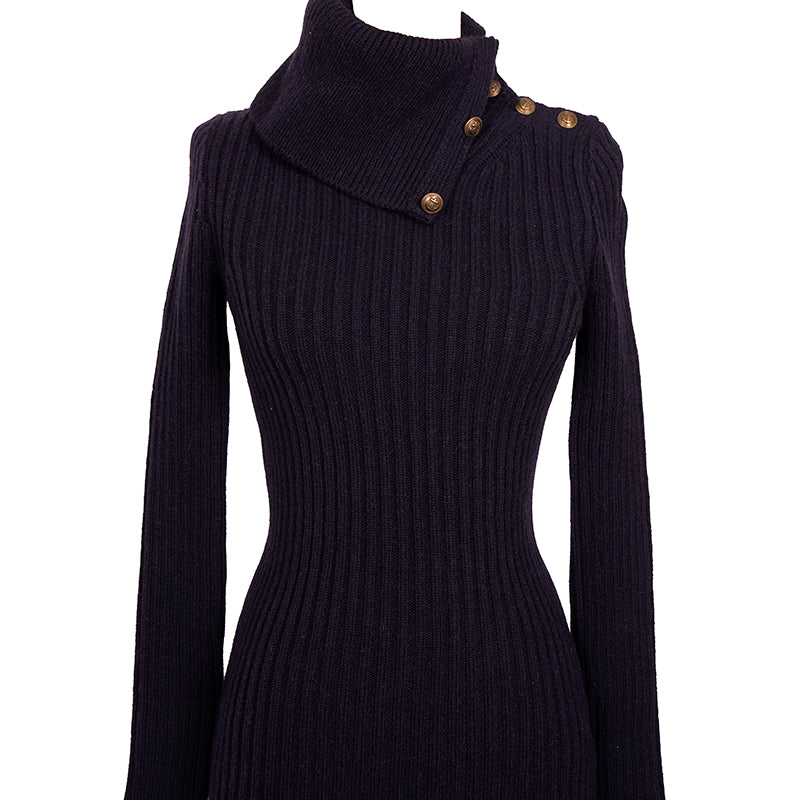 XS NEW $1,650 SAINT LAURENT Dk Blue Camel Hair Cowl Neck Rib Knit SWEATER DRESSPPER Spring PEPLUM Pencil DRESS
