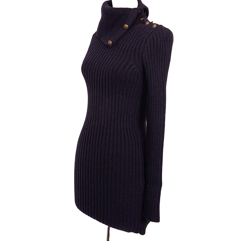 XS NEW $1,650 SAINT LAURENT Dk Blue Camel Hair Cowl Neck Rib Knit SWEATER DRESSPPER Spring PEPLUM Pencil DRESS
