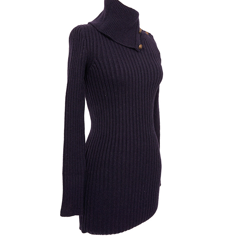 XS NEW $1,650 SAINT LAURENT Dk Blue Camel Hair Cowl Neck Rib Knit SWEATER DRESSPPER Spring PEPLUM Pencil DRESS