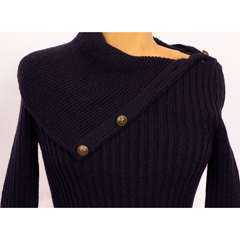 XS NEW $1,650 SAINT LAURENT Dk Blue Camel Hair Cowl Neck Rib Knit SWEATER DRESSPPER Spring PEPLUM Pencil DRESS