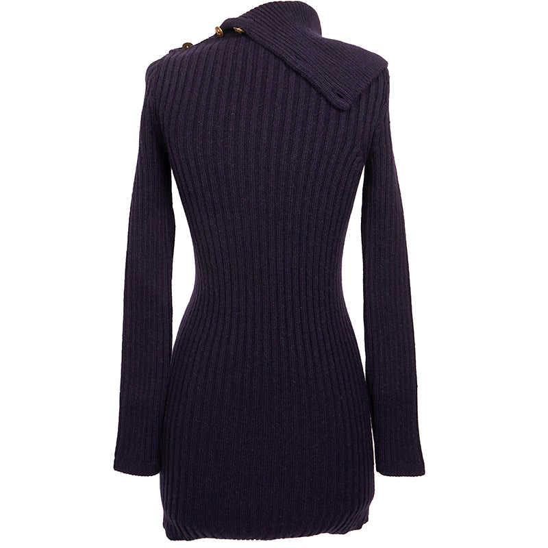 XS NEW $1,650 SAINT LAURENT Dk Blue Camel Hair Cowl Neck Rib Knit SWEATER DRESSPPER Spring PEPLUM Pencil DRESS