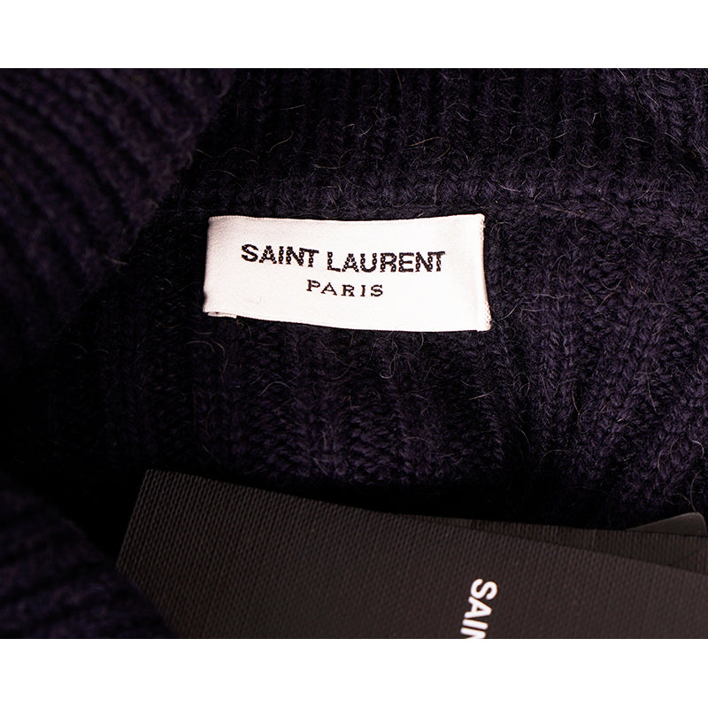 XS NEW $1,650 SAINT LAURENT Dk Blue Camel Hair Cowl Neck Rib Knit SWEATER DRESSPPER Spring PEPLUM Pencil DRESS