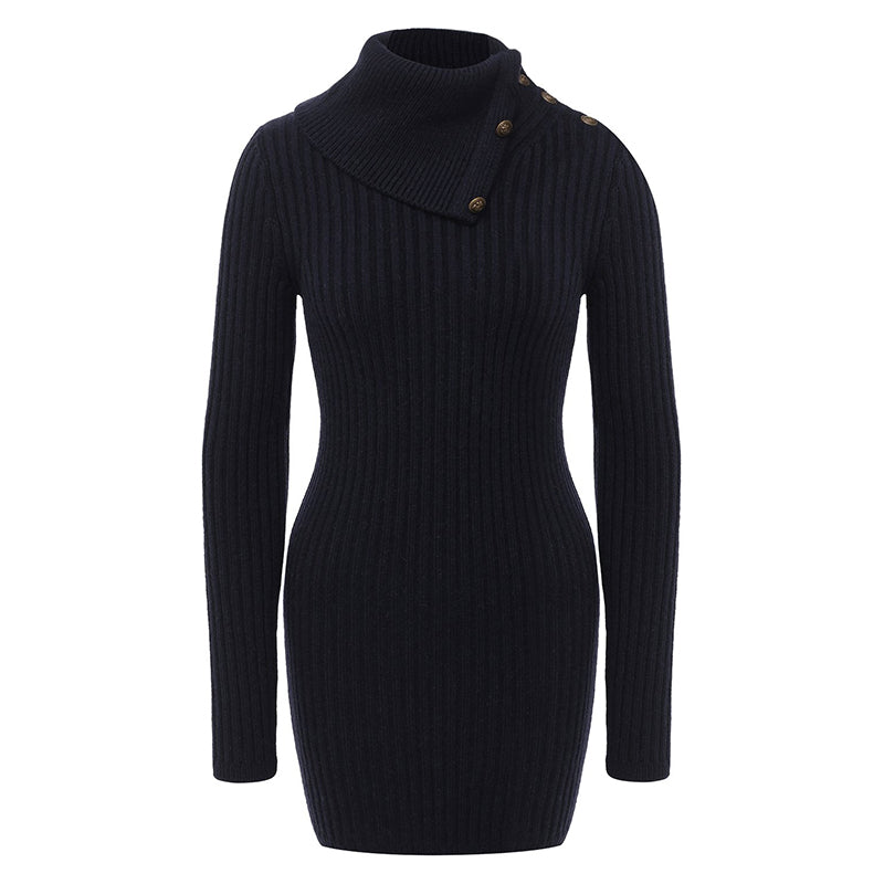 XS NEW $1,650 SAINT LAURENT Dk Blue Camel Hair Cowl Neck Rib Knit SWEATER DRESSPPER Spring PEPLUM Pencil DRESS