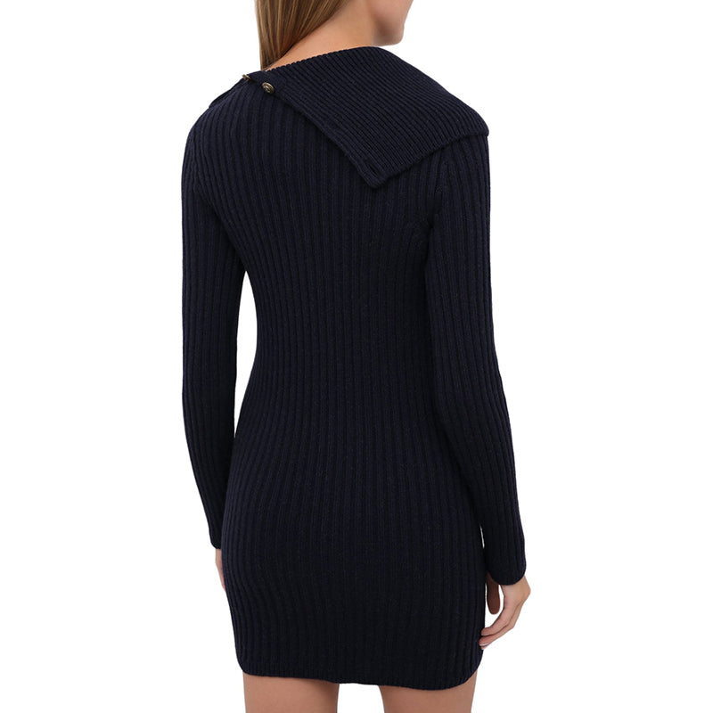 XS NEW $1,650 SAINT LAURENT Dk Blue Camel Hair Cowl Neck Rib Knit SWEATER DRESSPPER Spring PEPLUM Pencil DRESS