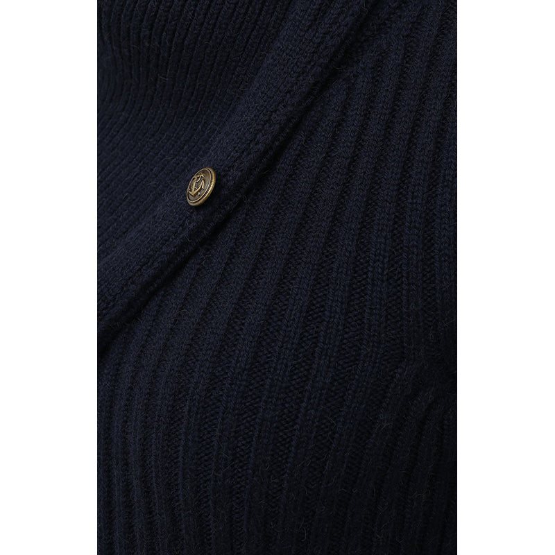 XS NEW $1,650 SAINT LAURENT Dk Blue Camel Hair Cowl Neck Rib Knit SWEATER DRESSPPER Spring PEPLUM Pencil DRESS