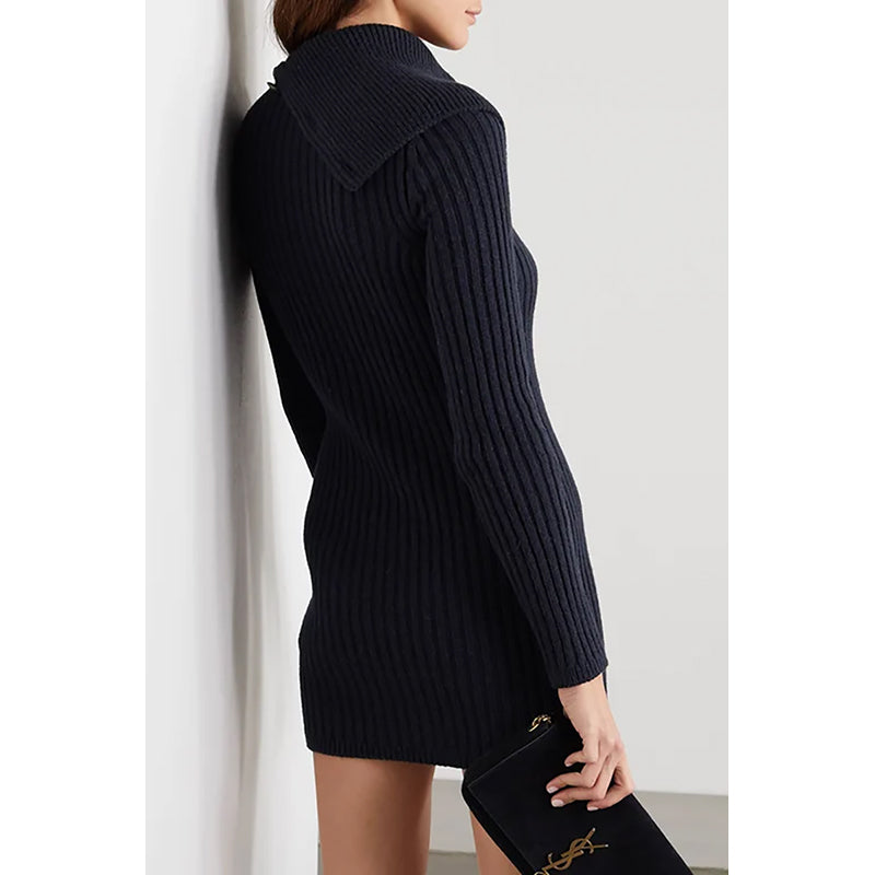 XS NEW $1,650 SAINT LAURENT Dk Blue Camel Hair Cowl Neck Rib Knit SWEATER DRESSPPER Spring PEPLUM Pencil DRESS