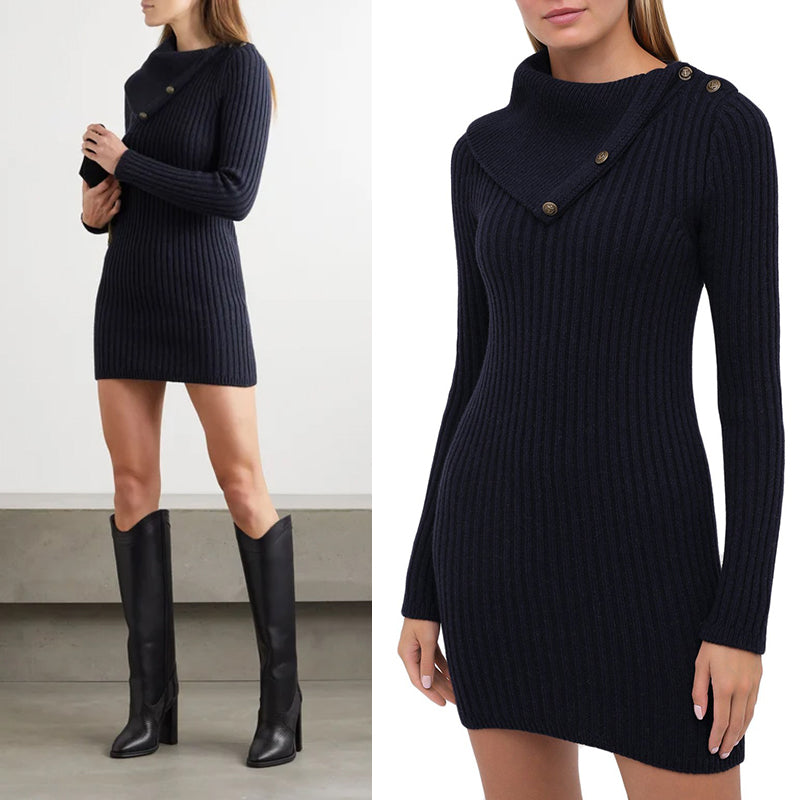 XS NEW $1,650 SAINT LAURENT Dk Blue Camel Hair Cowl Neck Rib Knit SWEATER DRESSPPER Spring PEPLUM Pencil DRESS