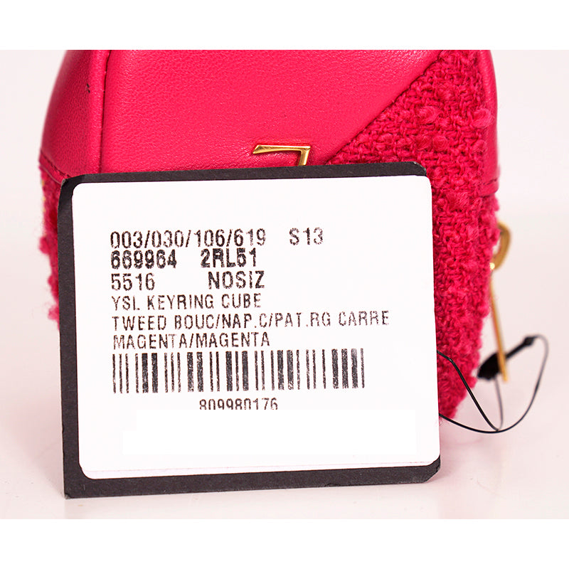 NEW $575 SAINT LAURENT Pink TWEED & LEATHER YSL Keyring Jamie CUBE BAG CHARM