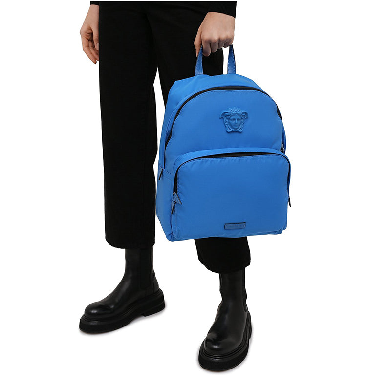 NEW $1,250 VERSACE Blue Nylon LA MEDUSA LOGO Travel Bag BACKPACK - PURPLE LINING