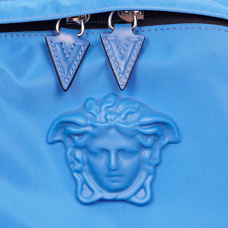 NEW $1,250 VERSACE Blue Nylon LA MEDUSA LOGO Travel Bag BACKPACK - PURPLE LINING