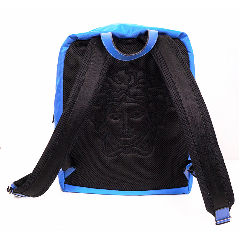 NEW $1,250 VERSACE Blue Nylon LA MEDUSA LOGO Travel Bag BACKPACK - PURPLE LINING