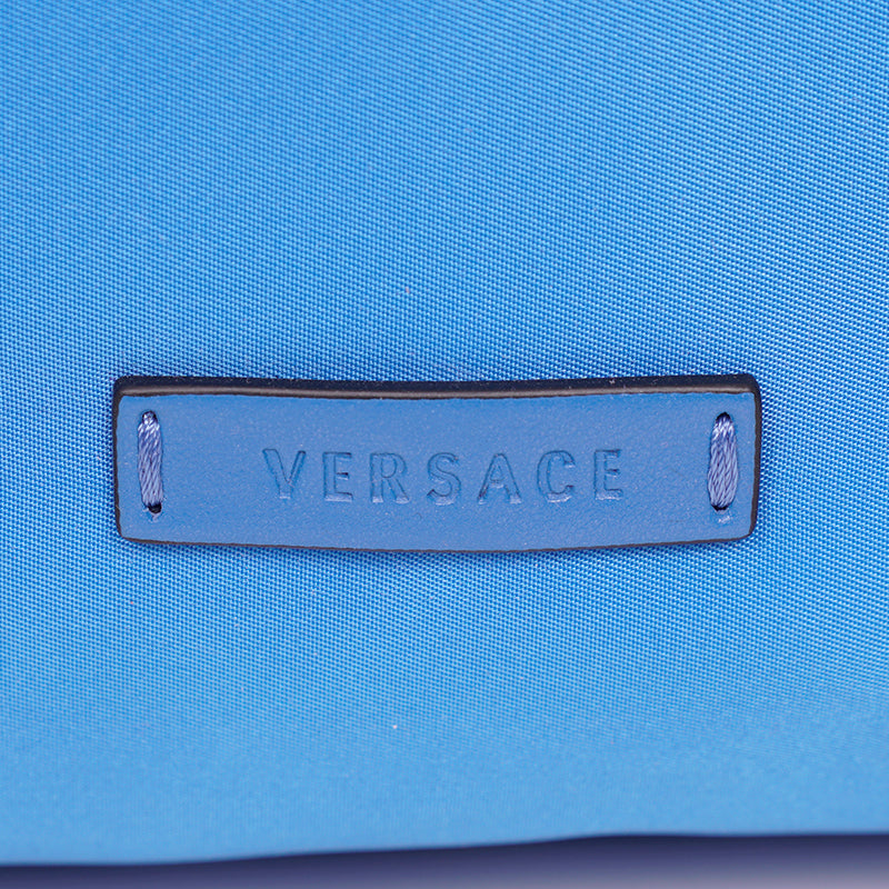 NEW $1,250 VERSACE Blue Nylon LA MEDUSA LOGO Travel Bag BACKPACK - PURPLE LINING