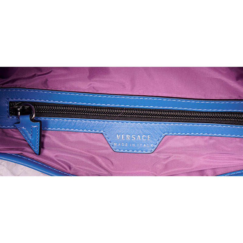 NEW $1,250 VERSACE Blue Nylon LA MEDUSA LOGO Travel Bag BACKPACK - PURPLE LINING