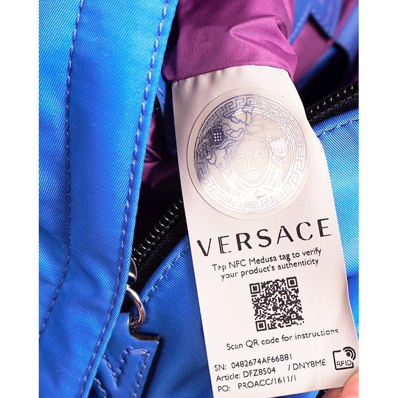 NEW $1,250 VERSACE Blue Nylon LA MEDUSA LOGO Travel Bag BACKPACK - PURPLE LINING