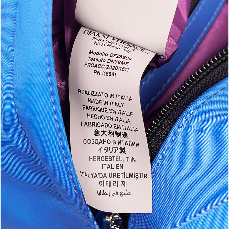 NEW $1,250 VERSACE Blue Nylon LA MEDUSA LOGO Travel Bag BACKPACK - PURPLE LINING