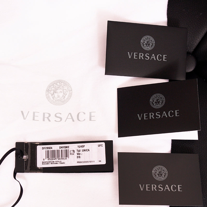 NEW $1,250 VERSACE Blue Nylon LA MEDUSA LOGO Travel Bag BACKPACK - PURPLE LINING