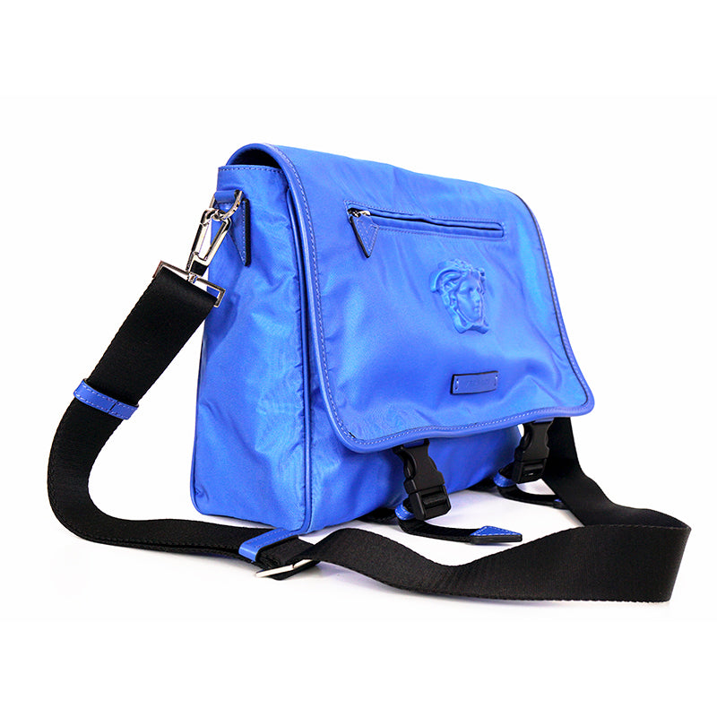 NEW $1,395 VERSACE RUNWAY Blue Nylon LA MEDUSA LOGO Crossbody LAP TOP FLAP BAG