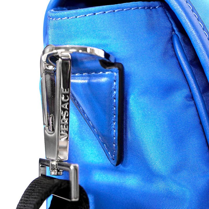 NEW $1,395 VERSACE RUNWAY Blue Nylon LA MEDUSA LOGO Crossbody LAP TOP FLAP BAG