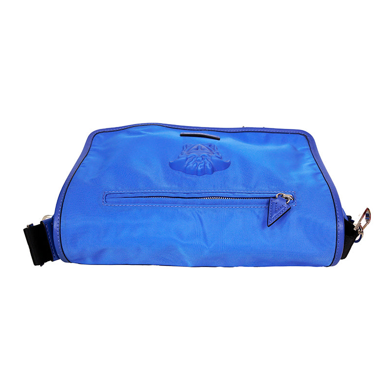 NEW $1,395 VERSACE RUNWAY Blue Nylon LA MEDUSA LOGO Crossbody LAP TOP FLAP BAG