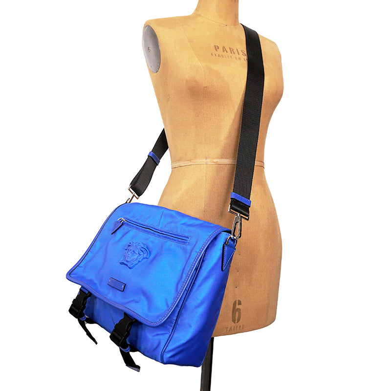NEW $1,395 VERSACE RUNWAY Blue Nylon LA MEDUSA LOGO Crossbody LAP TOP FLAP BAG