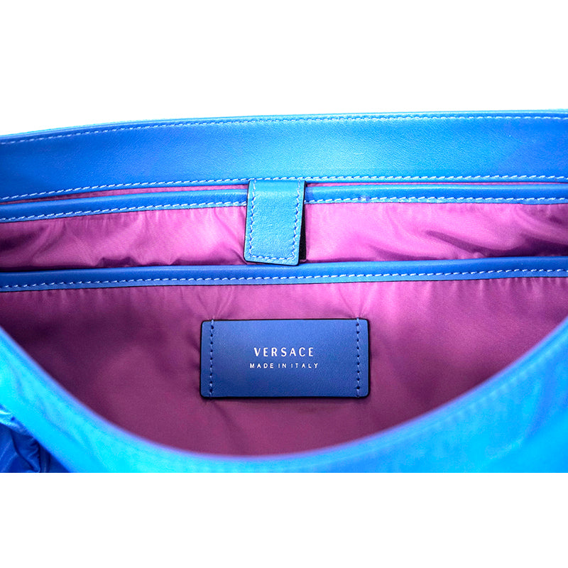 NEW $1,395 VERSACE RUNWAY Blue Nylon LA MEDUSA LOGO Crossbody LAP TOP FLAP BAG