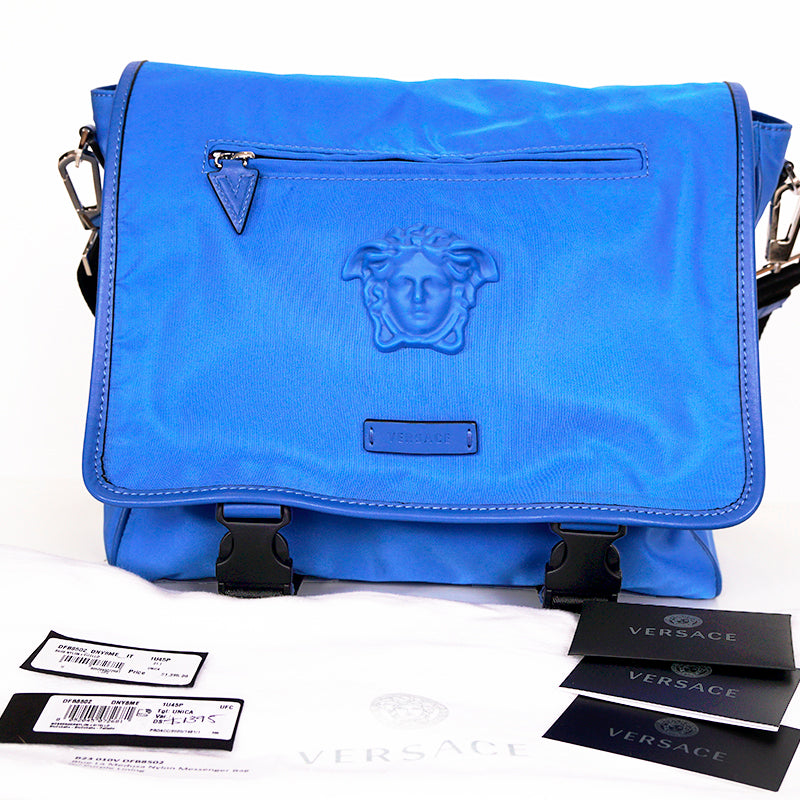 NEW $1,395 VERSACE RUNWAY Blue Nylon LA MEDUSA LOGO Crossbody LAP TOP FLAP BAG