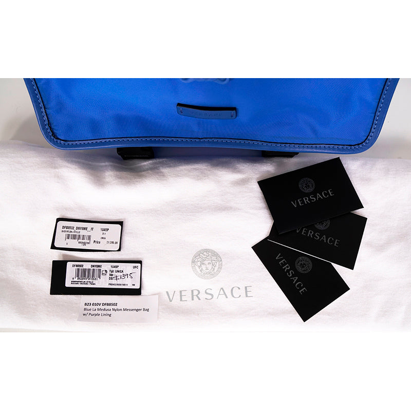 NEW $1,395 VERSACE RUNWAY Blue Nylon LA MEDUSA LOGO Crossbody LAP TOP FLAP BAG