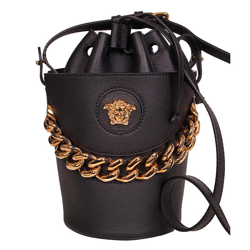 $1825 VERSACE RUNWAY Black Leather LA MEDUSA Drawstring CHAIN ACCENT BUCKET BAG