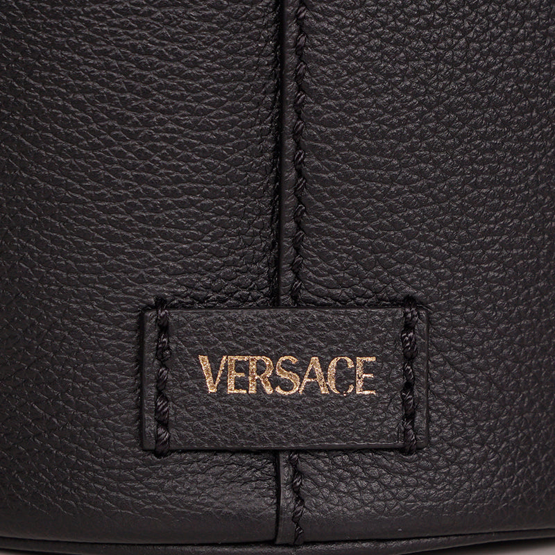 $1825 VERSACE RUNWAY Black Leather LA MEDUSA Drawstring CHAIN ACCENT BUCKET BAG