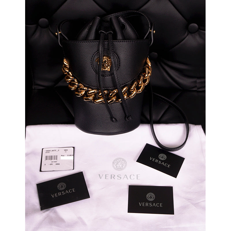 $1825 VERSACE RUNWAY Black Leather LA MEDUSA Drawstring CHAIN ACCENT BUCKET BAG