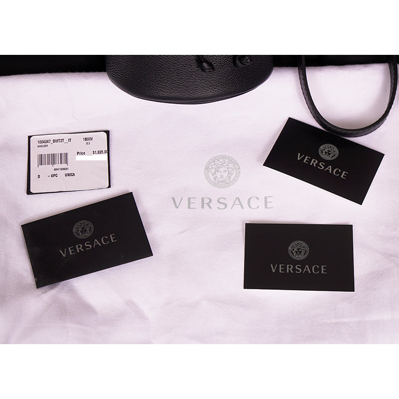 $1825 VERSACE RUNWAY Black Leather LA MEDUSA Drawstring CHAIN ACCENT BUCKET BAG