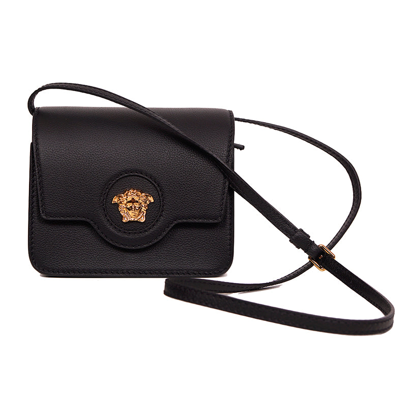 NEW $1575 VERSACE Black Leather GOLD LA MEDUSA LOGO Crossbody SMALL FLAP BAG NWT