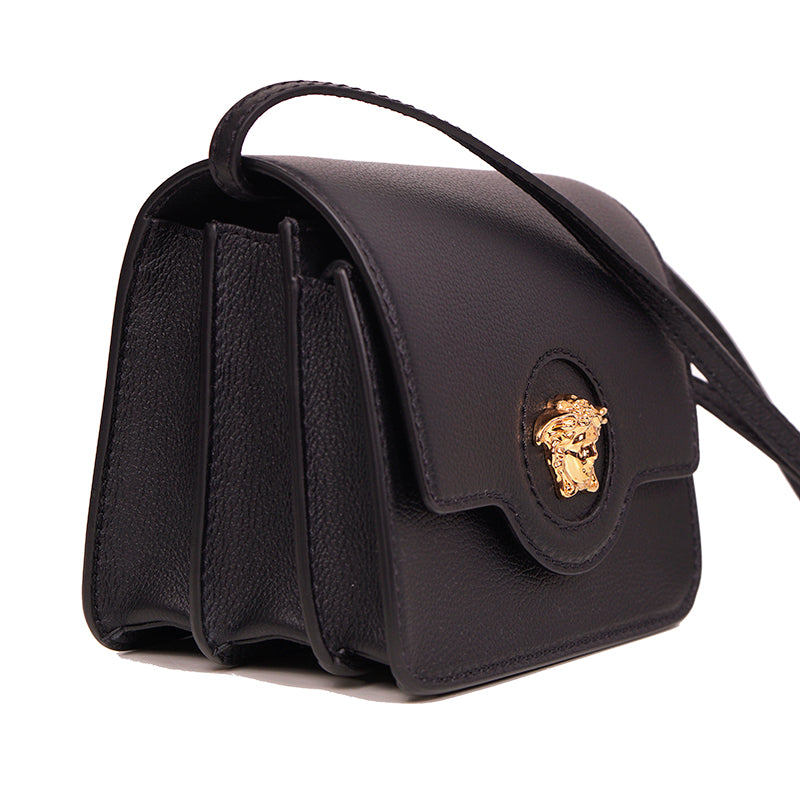 NEW $1575 VERSACE Black Leather GOLD LA MEDUSA LOGO Crossbody SMALL FLAP BAG NWT
