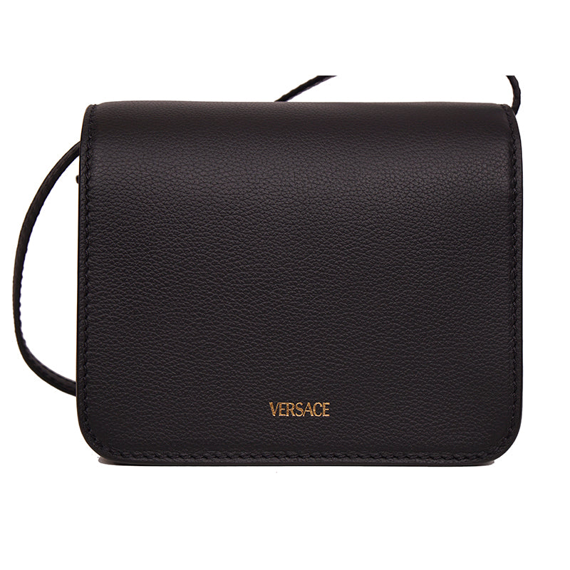 NEW $1575 VERSACE Black Leather GOLD LA MEDUSA LOGO Crossbody SMALL FLAP BAG NWT