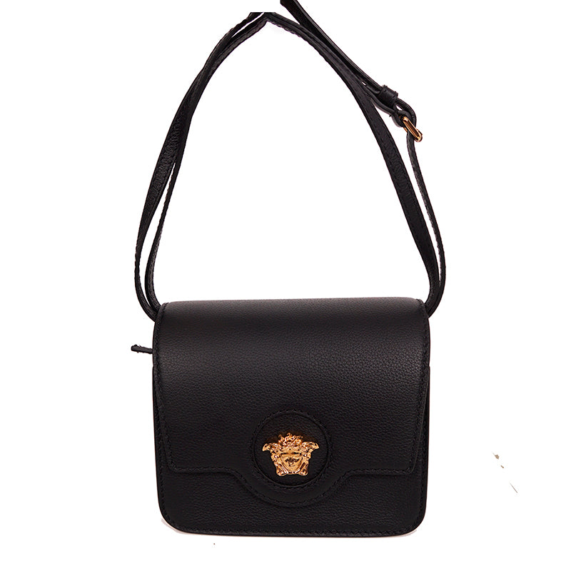 NEW $1575 VERSACE Black Leather GOLD LA MEDUSA LOGO Crossbody SMALL FLAP BAG NWT