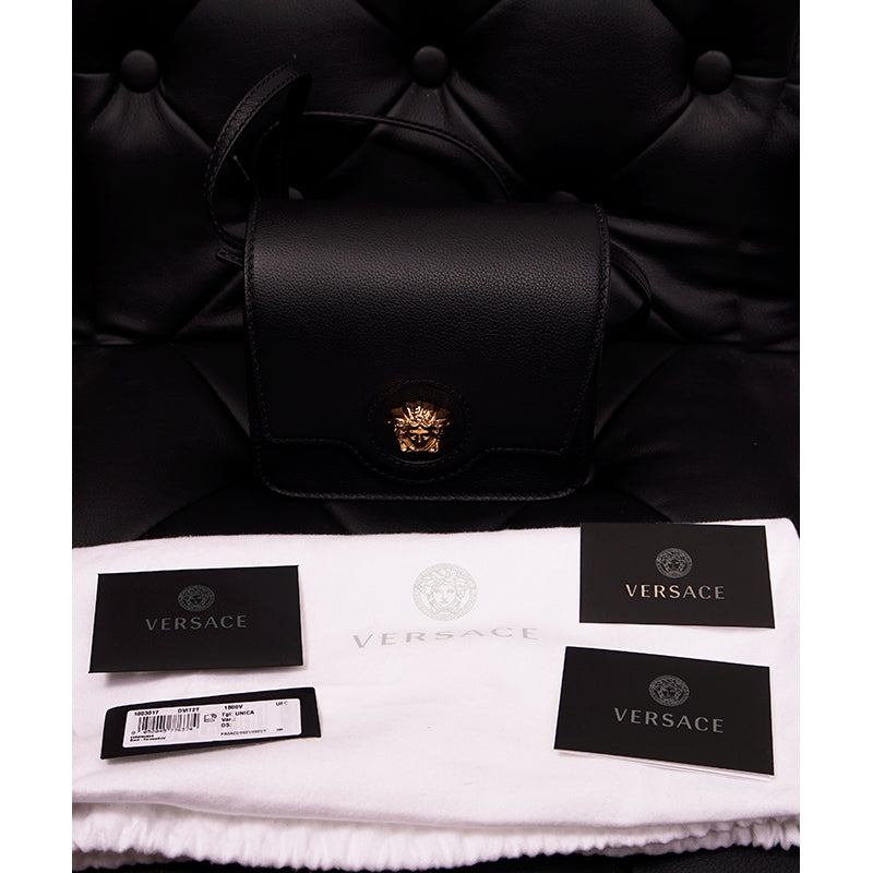 NEW $1575 VERSACE Black Leather GOLD LA MEDUSA LOGO Crossbody SMALL FLAP BAG NWT