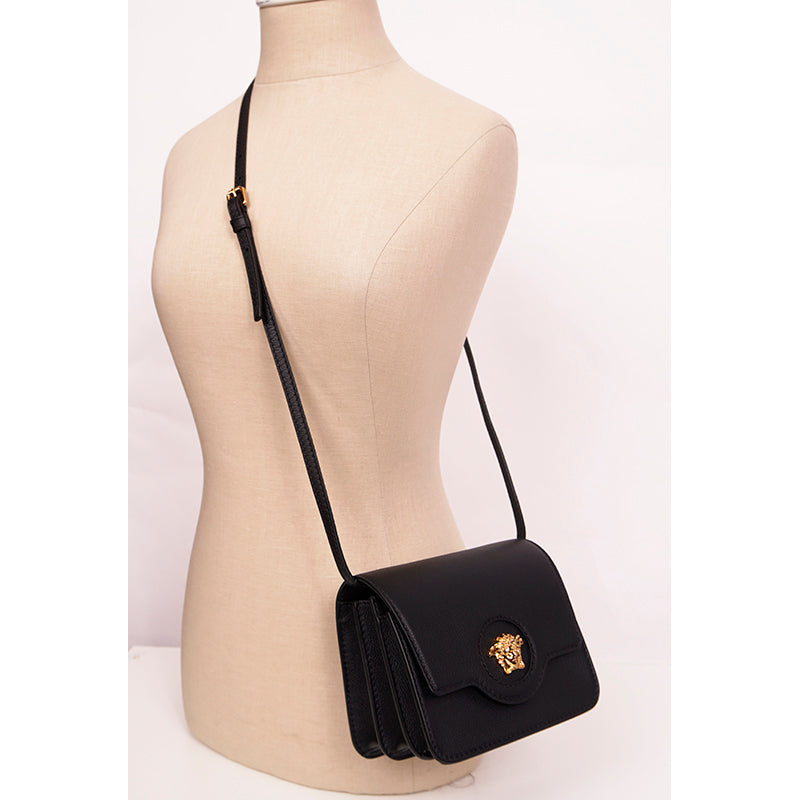 NEW $1575 VERSACE Black Leather GOLD LA MEDUSA LOGO Crossbody SMALL FLAP BAG NWT