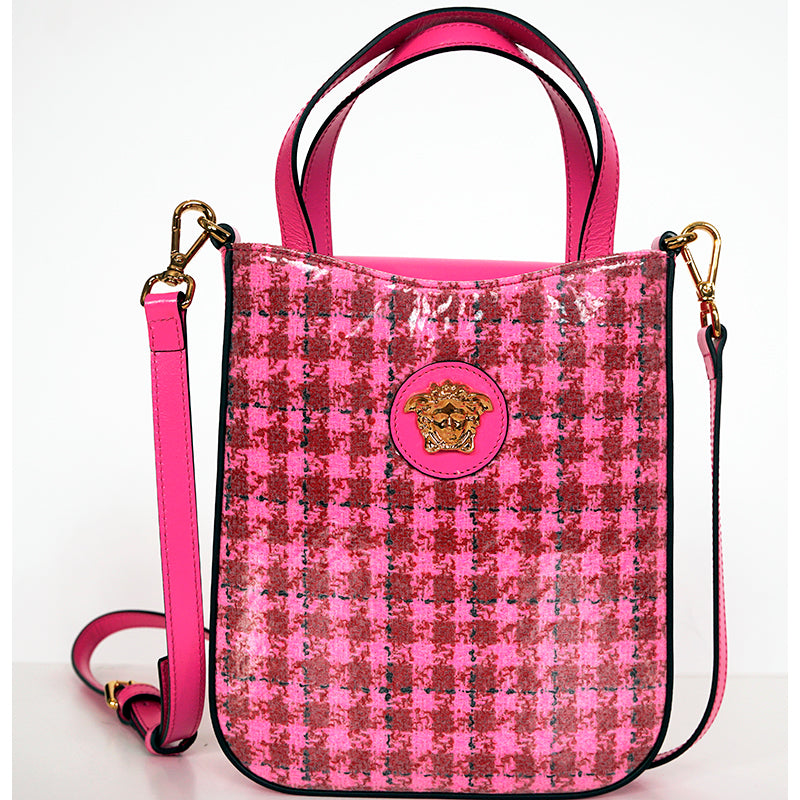 NEW $1325 VERSACE Pink Leather & Vinyl Houndstooth LA MEDUSA Crossbody TOTE BAG